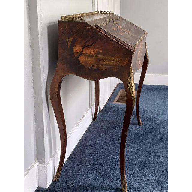 Wood Antique French Louis XV Style Mahogany Painted Writing Desk For Sale - Image 7 of 14