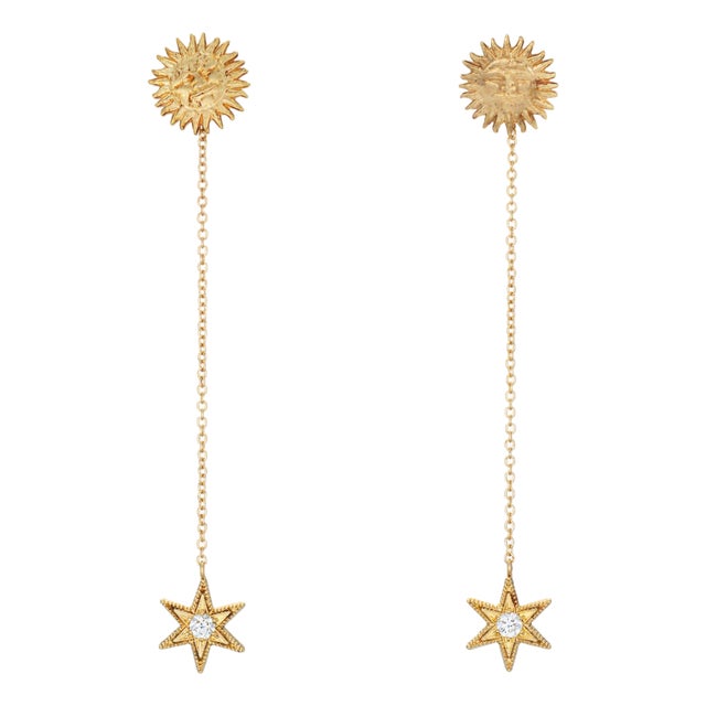 Anthony Lent Sunface Star Drop Earrings Estate 18k Yellow Gold Signed Jewelry, Pair For Sale