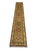 This natural-dyed Kazak wool runner features a warm olive-gold field with a repeating row of bold geometric medallions....
