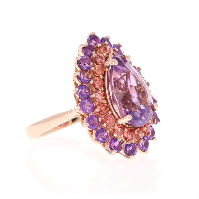 8.90 Carat Amethyst Sapphire Pear Cut Rose Gold Cocktail Ring Size 7 For Sale - Image 4 of 8