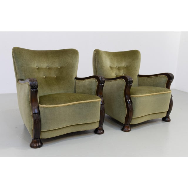1930s Danish Art Deco Green Velvet Lounge Chairs, 1930s, Set of 2 For Sale - Image 5 of 18