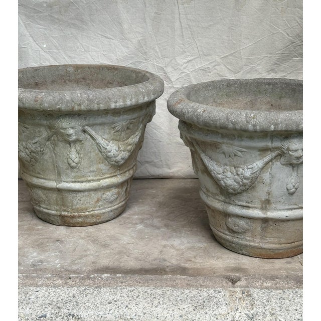 Mid 20th Century Mid 20th Century Pair of Neoclassical Cast Stone Garden Urns With Mask and Garland Motifs For Sale - Image 5 of 13