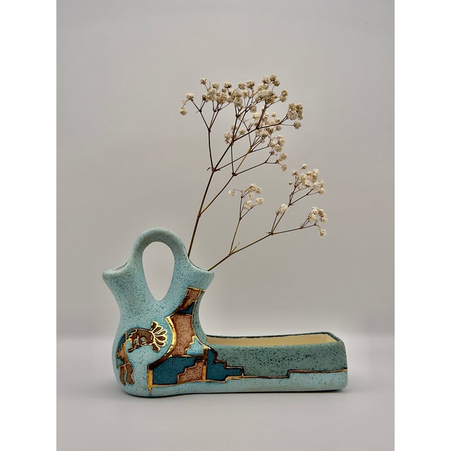 Vintage Southwestern Ceramic Desk Organizer – Turquoise Speckle Pottery Vase & Pen Holder With Gold Accents For Sale - Image 4 of 5