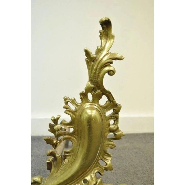 Early 20th Century Antique French Louis XV Rococo Style Bronze Brass Acanthus Andirons - A Pair For Sale - Image 5 of 11