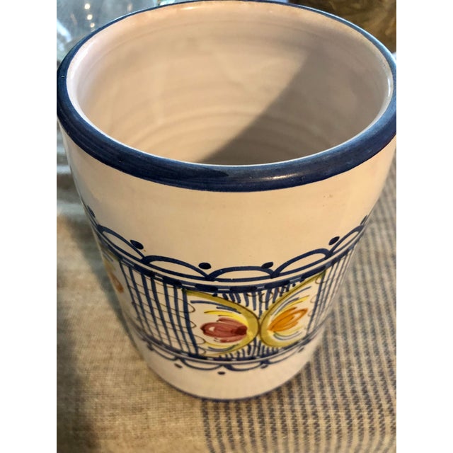 1980s Vintage Hand Painted Rustic Glazed Ceramic Utensil Canister Vessel or Wine Bottle Holder, Puente Del Arzobispo, Toledo Spain For Sale - Image 5 of 11