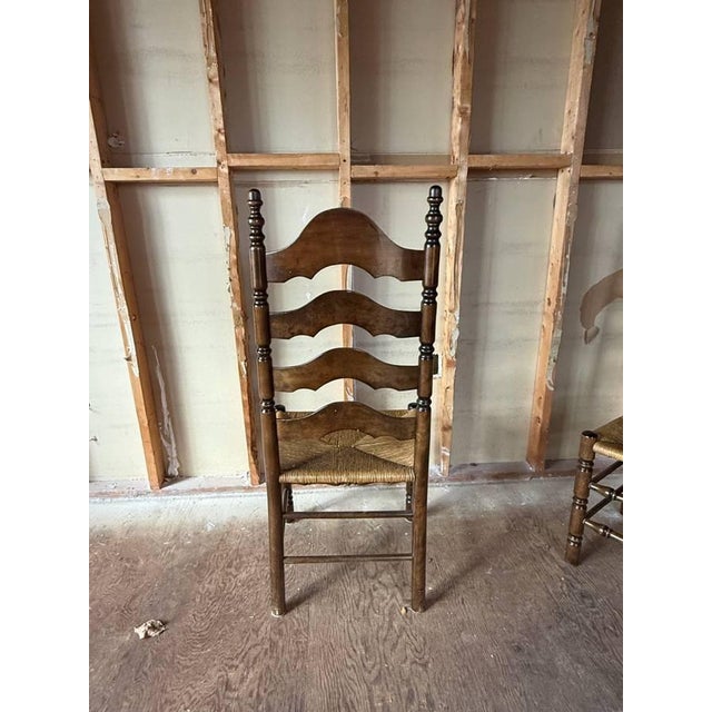 Late 20th Century Vintage Early American French Rustic Style High Ladder Back Rush Seat Side Chairs For Sale - Image 5 of 17