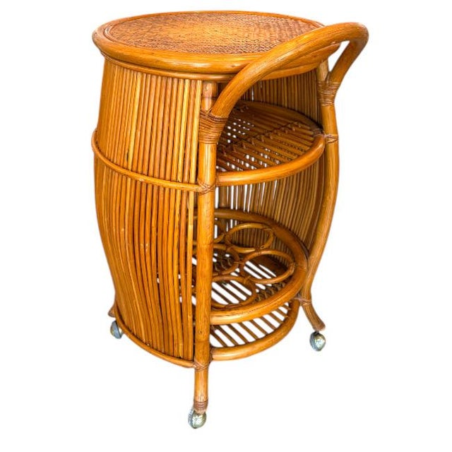 Brown Italian Mid Century Rattan & Bamboo Barrel Bar Cart For Sale - Image 8 of 11