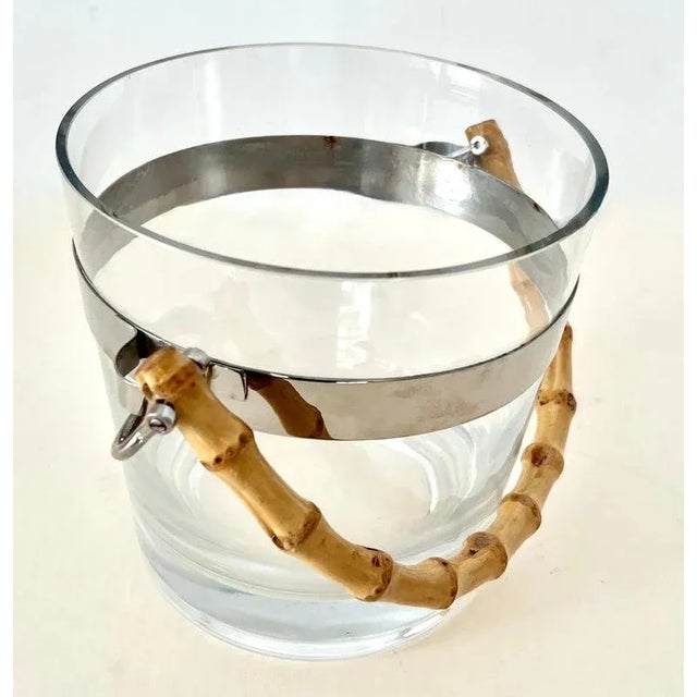 Transparent Glass Ice Bucket with Silver Stripe and Bamboo Handle in Style of Ralph Lauren For Sale - Image 8 of 9