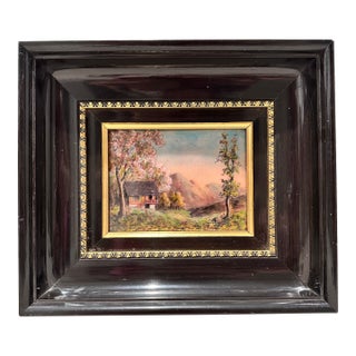 Signed André Bureau Limoges Enamel on Copper Painting – French Landscape Scene, Black & Gold Frame, Loire Valley Provenance For Sale