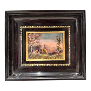 Signed André Bureau Limoges Enamel on Copper Painting – French Landscape Scene, Black & Gold Frame, Loire Valley Provenance