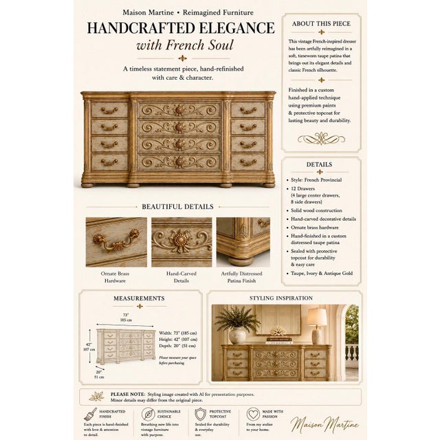 Vintage French Provincial 12-Drawer Serpentine Dresser • 73” Long • Hand-Carved Details • Taupe, Ivory & Antique Gold For Sale - Image 14 of 14