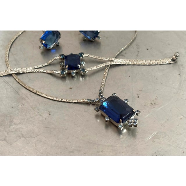 Metal 1950s Blue Rhinestone/Silver Tone Jewelry Set W/ Necklace, Earrings & Bracelet For Sale - Image 7 of 7