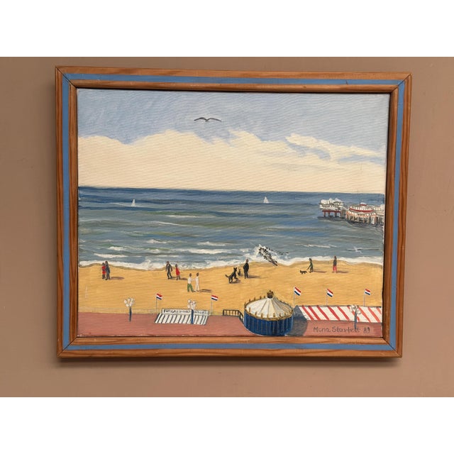 Original Swedish Oil on Canvas – “Day at the Beach” by Mona Starfelt – Signed & Dated 1989 – Vintage & Framed – 47 × 39 cm...