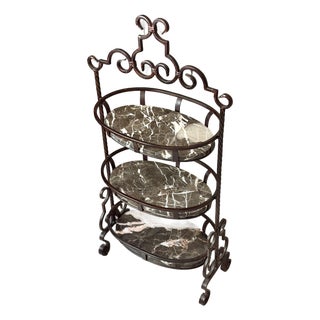 Marble Stone and Wrought Iron Metal 3-Tier Plant Stand or Bar Cart For Sale
