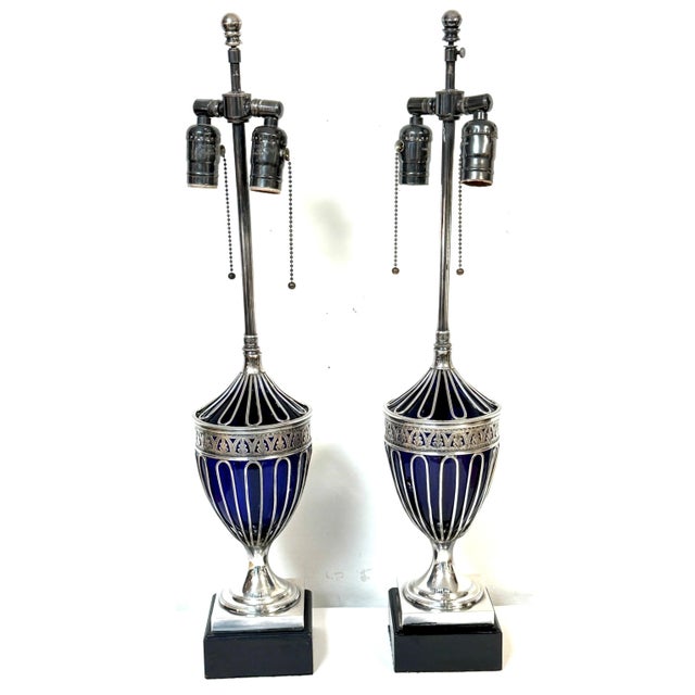 19th Century Pair Antique Sheffield Plate & Cobalt Glass Anthemion Motif Urns, Now as Lamps For Sale - Image 5 of 12