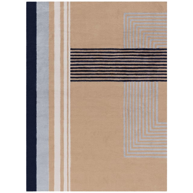 Modern Art Deco Tan Rug "Skyscape" Bauhaus Patterned Sunset Skyline For Sale
