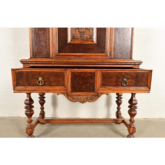 Wood Early Romweber Antique English Jacobean Carved Oak and Burl Wood Bar Cabinet, Circa 1900 For Sale - Image 7 of 16