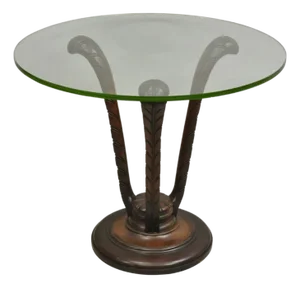 Mid 20th Century Vintage Grosfeld House Hollywood Regency Carved Mahogany Plume Round Side Table