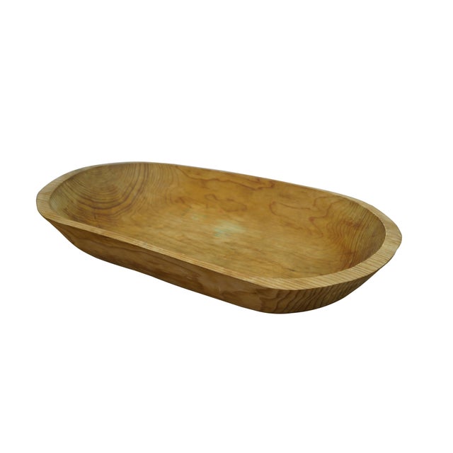 Vintage oak dough bowl with rounded rectangular form. Dimensions: 19.75" x 11.5" x 3.25" (Width x Depth x Height)