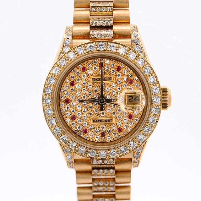 Art Deco Vintage Rolex Datejust Presidential Diamond Ruby 18k Gold Watch For Sale - Image 3 of 10