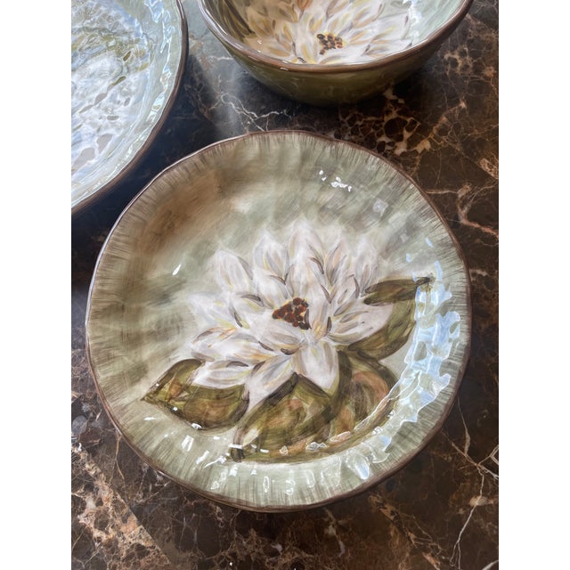 Plates and Bowls featuring White Floral with Green Leaves, from ''Waterloo' Hand-Painted Collection. Makers mark. 4 Dinner...