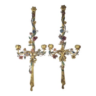 Pair Mid-Century Modern Country French Painted Bronze Wall Sconces For Sale