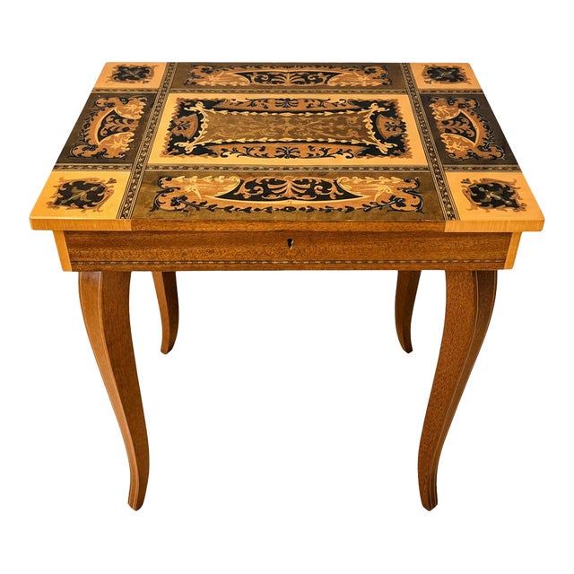 Vintage Reuge Italian Marquetry Music Box Side Table – Non‑Functional Movement For Sale