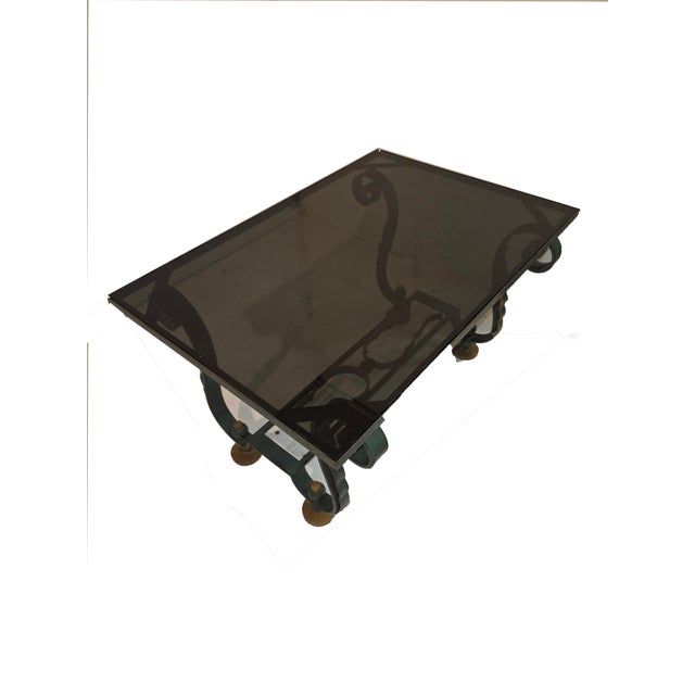 Rustic European 1940's French Coffee Table -Green Patinated Iron & Gilt W/ Smoke Glass Top For Sale - Image 3 of 11