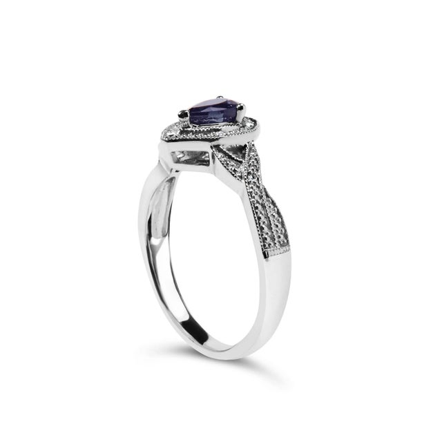 .925 Sterling Silver 6x4mm Pear Sapphire Gemstone with Diamond Accent Fashion Halo Ring (H-I Color, SI1-SI2 Clarity) - Size 7 For Sale - Image 4 of 7
