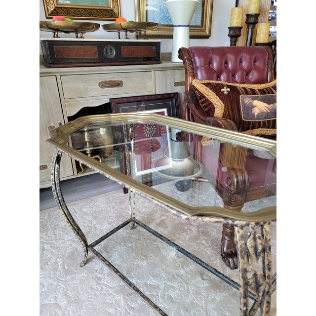 Brass Hollywood Regency Brass, Glass and Wrought Iron Butler Tray Table For Sale - Image 8 of 9