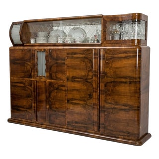 Art Deco Walnut and Glass Sideboard with Glass Display Cabinet, Central Europe, 1930s For Sale