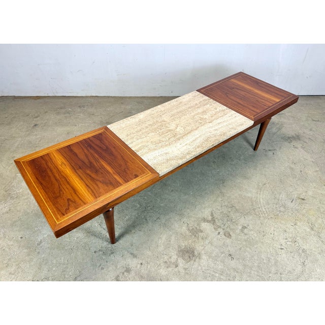 Mid-Century Modern Mid Century Modern Travertine and Walnut Coffee Table For Sale - Image 3 of 12