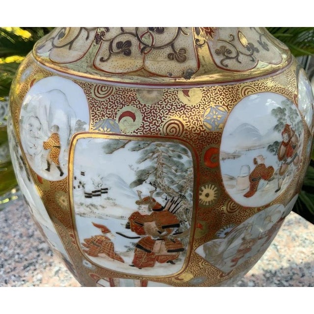 Large Meiji Japanese Gilt Porcelain Samurai Vase with Stand, 1880 For Sale - Image 9 of 18