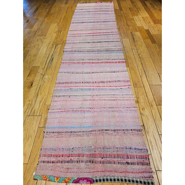 Vintage Rag Runner, Handwoven Wool & Cotton, Stripe Pattern, Red & Pink, 3x14 For Sale - Image 11 of 18