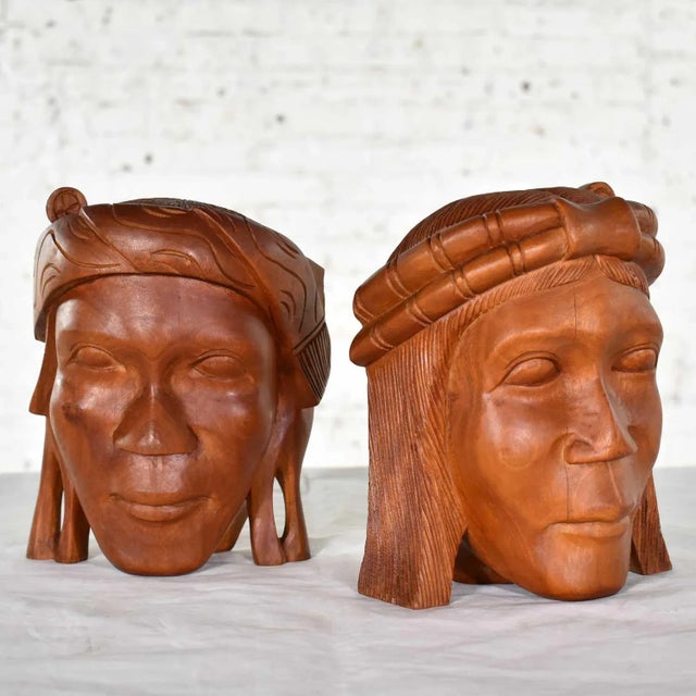 Vintage Mid 20th Century Tribal Carved Wood Figural Bookends Heads Only For Sale - Image 13 of 13