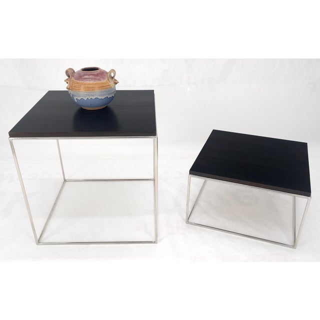 Espresso Walnut Cube Shape Nesting End Tables Polished Stainless Steel Chrome For Sale - Image 6 of 6