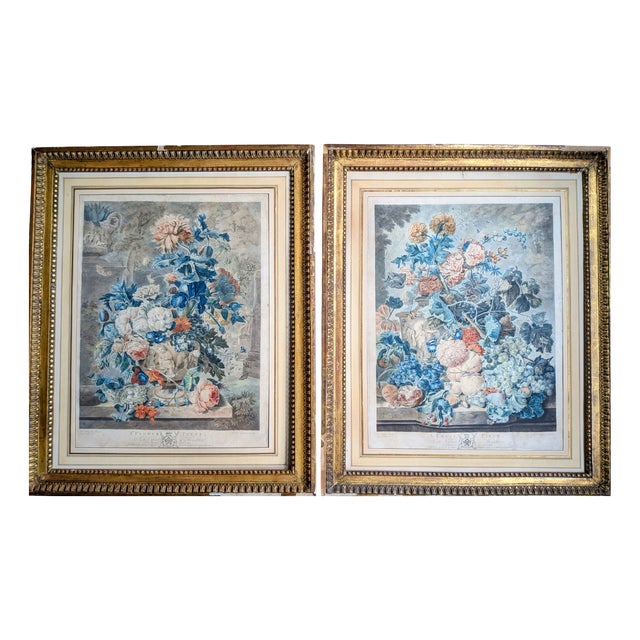 Jan Van Huysum, A Flower Piece and a Fruit Piece, London: Richard Earlon and John Boydell, 1778, Watercolors on Mezzotint, Framed, Set of 2 For Sale