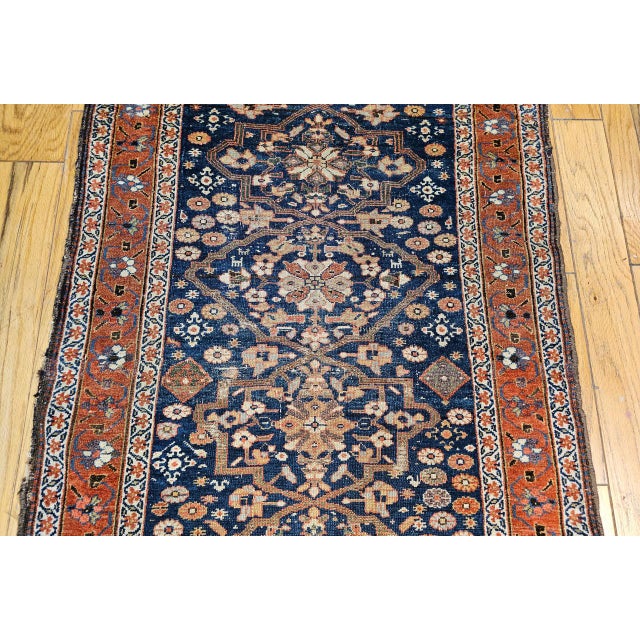 Antique Persian Farahan Sarouk Runner, Hand-Knotted Wool, All-Over Geometric Pattern, Navy & Rust, 4x10 For Sale - Image 10 of 16
