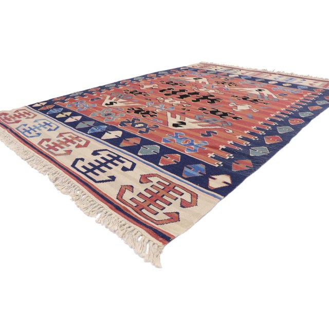77947 Vintage Persian Bijar Kilim Rug, 05'06 x 07'10. Embark on a transcendent journey where tribal enchantment converges...