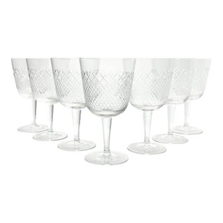 1950s Vintage Mid-Century 7 Wine or Water Glasses Criss-Cross X Fishnet Cuts For Sale