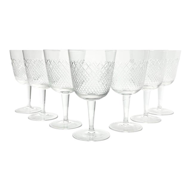 1950s Vintage Mid-Century 7 Wine or Water Glasses Criss-Cross X Fishnet Cuts For Sale