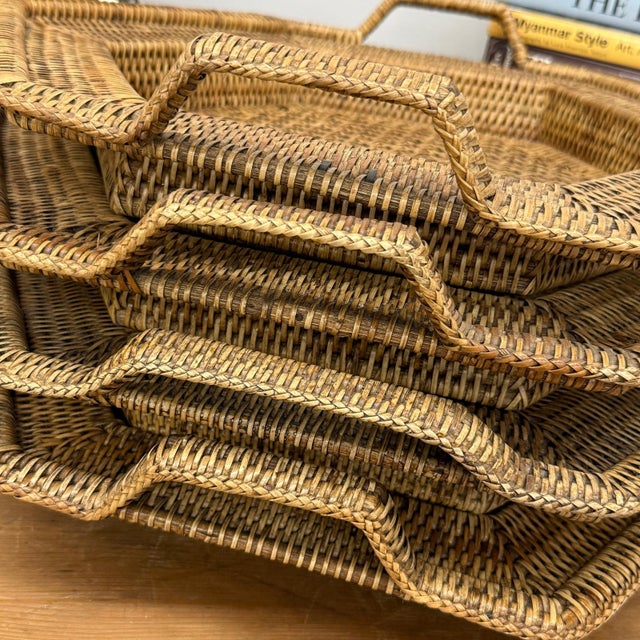 Rattan and Bamboo Woven Hexagonal Tray with Side Handles For Sale - Image 4 of 9