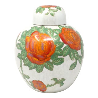 Vintage Orange-Red Roses Iridescent White Melon Jar For Sale