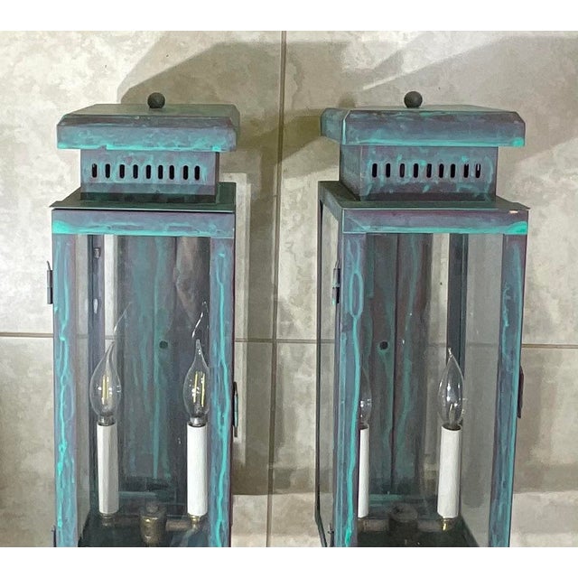 Large Stunning Pair of Solid Copper Wall Lanterns For Sale In Miami - Image 6 of 16