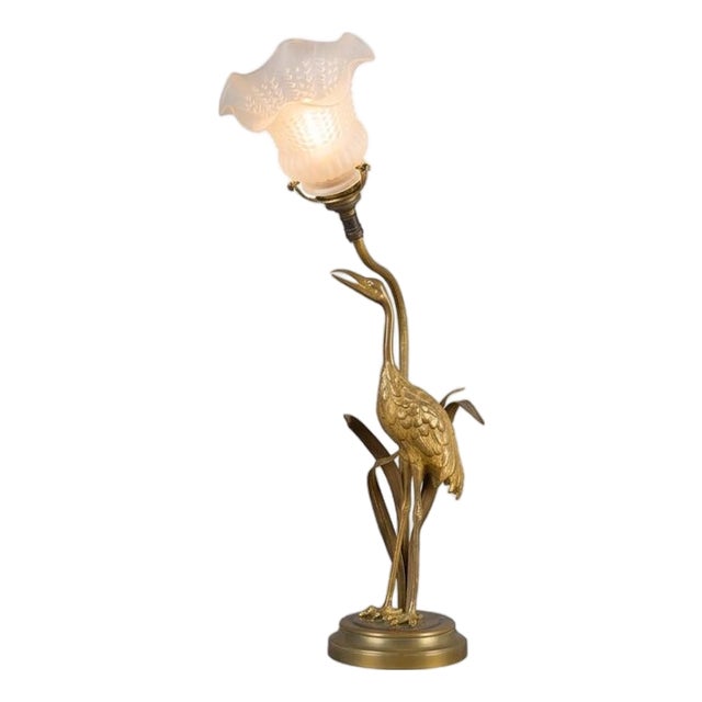 Art Deco Gilt Brass Sculpted Crane Table Lamp with Frosted Glass Shade, Europe, 1930s For Sale