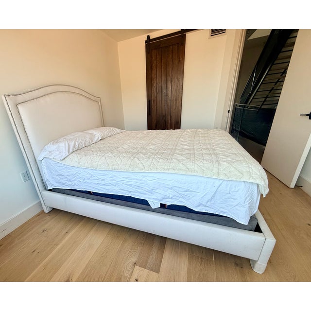 2010s Ethan Allen Ivory Upholstered Queen Bed With Nailhead Trim For Sale - Image 5 of 8