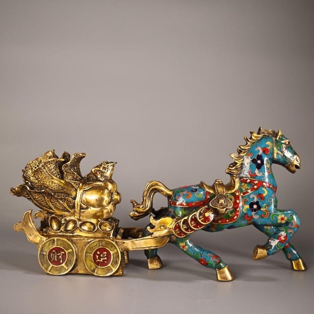 Mid 20th Century Vintage Cloisonne Enamel Horse & Cart Figure – 15.7" Gilt Wealth Sculpture For Sale - Image 5 of 9
