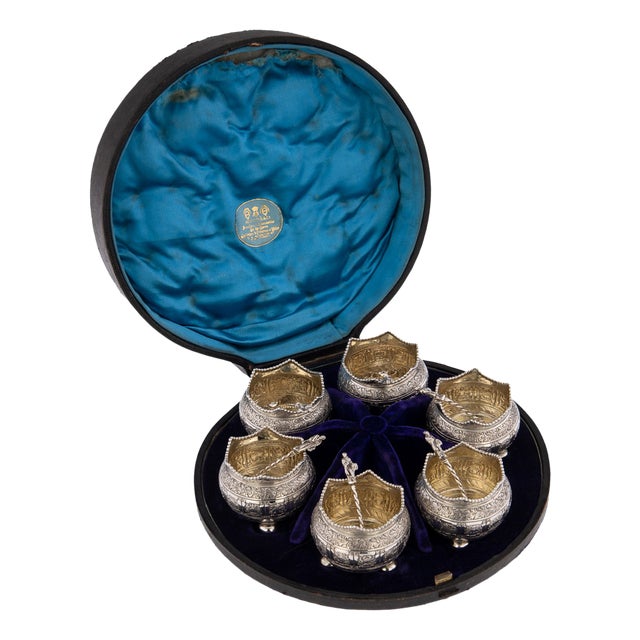 19th Century Victorian Solid Silver Salts & Spoons, London, 1870s, Set of 6 For Sale
