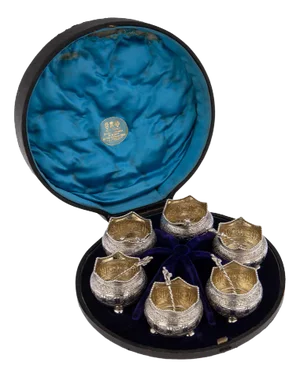 19th Century Victorian Solid Silver Salts & Spoons, London, 1870s, Set of 6