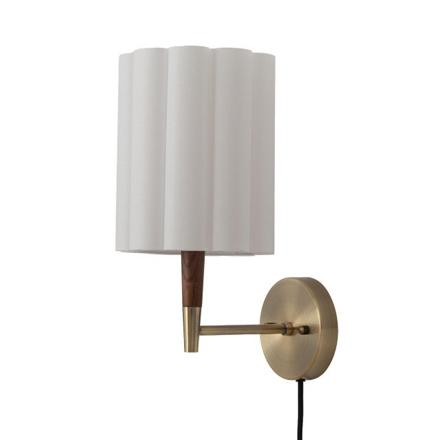 Mid-Century Modern Scalloped Wall Sconce - Plug-In, Walnut, Weathered Brass, White Linen, Diffuser, Inline Dimmer For Sale - Image 3 of 8